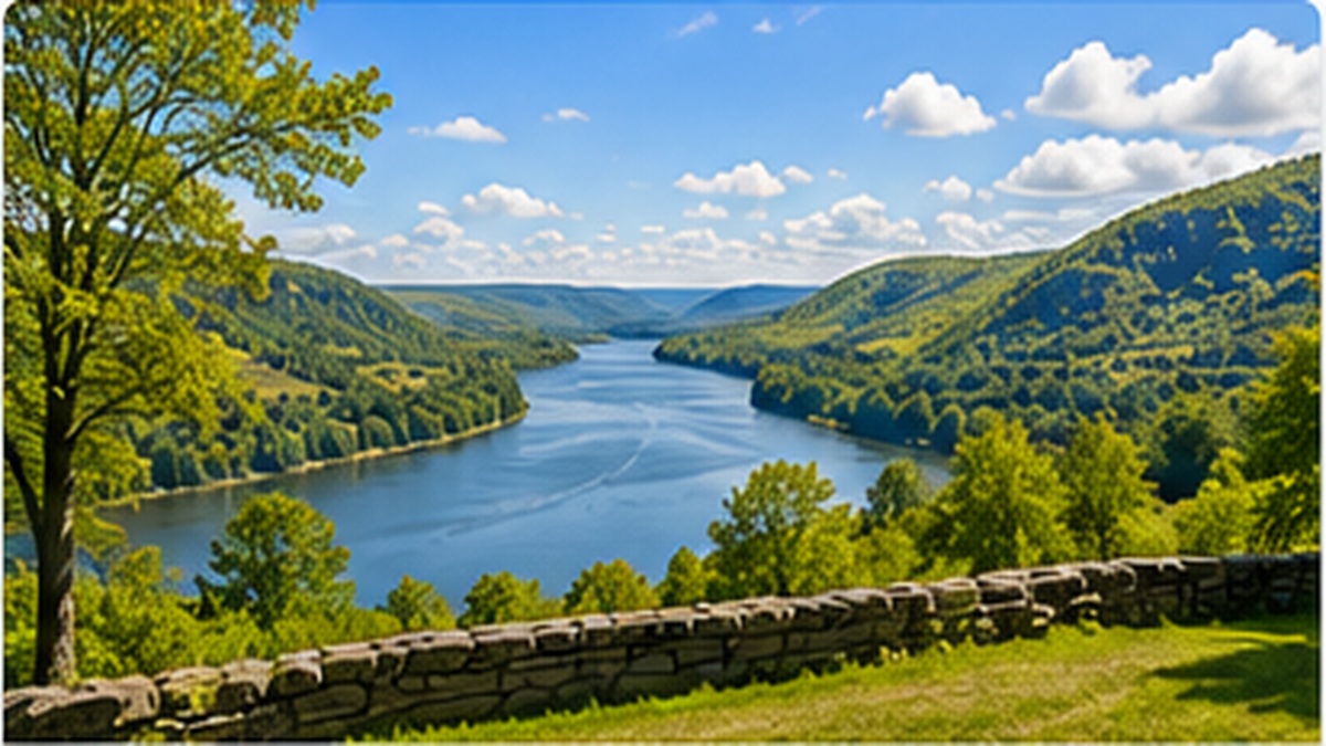 Sunny Hudson Valley landscape overlooking the Hudson River