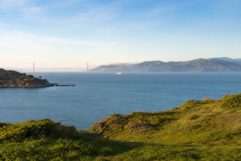 View across San Francisco Bay toward the Golden Gate Bridge and Marin Headlands